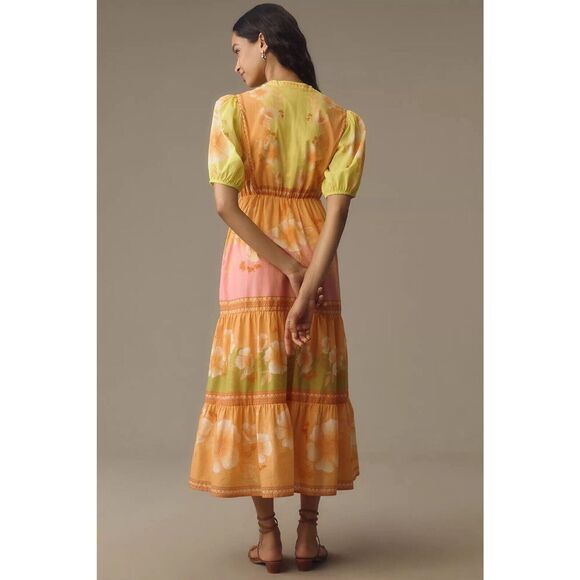 NWT Farm Rio Anthropologie Short-Sleeve Tiered Yellow Midi Dress Size SMALL - Picture 4 of 11